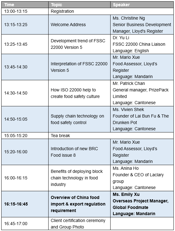 july 29 2019 HK food safety seminar global foodmate